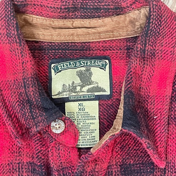 VINTAGE 1990’s FIELD & STREAM CORDUROY TRIMMED PLAID FLANNEL LONG SLEEVE SHIRT - Picture 11 of 12